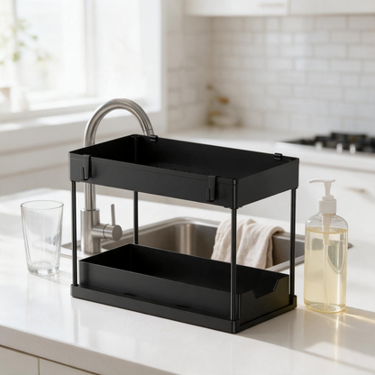 🖤 Space-Saving | Durable Metal Countertop Organizer | Modern Two-Tier Storage Rack